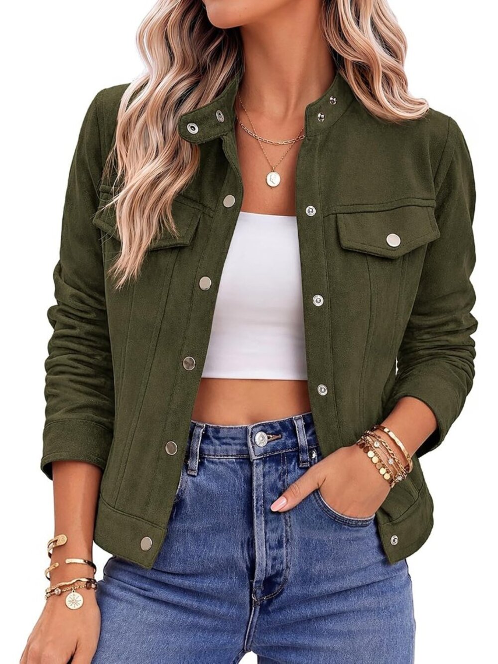 Women Green Trendy Streetwear Button-down Cropped Chest Pockets Cropped Jackets